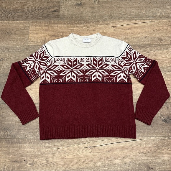 OLD NAVY Mens Red‎ White So Soft Fair Isle Sweater Winter Snowflake Size L - Picture 1 of 12